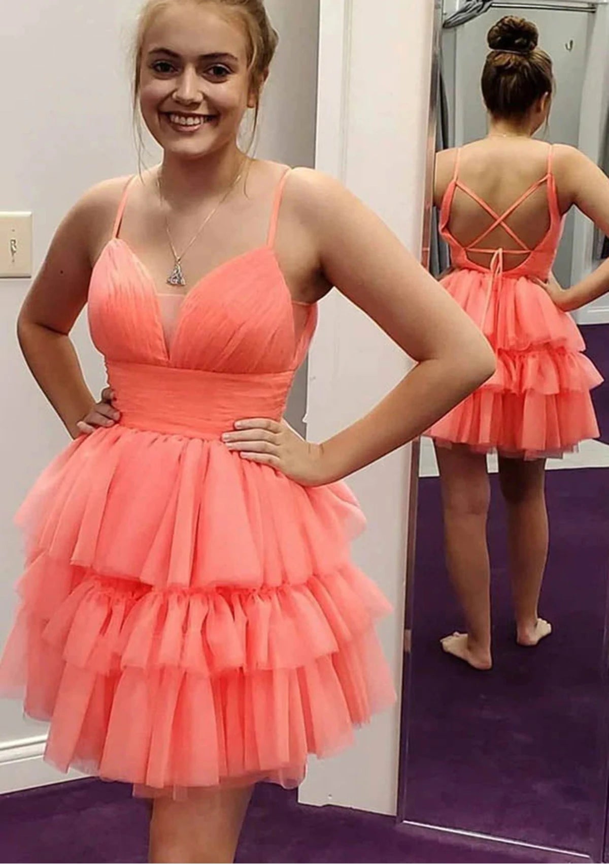 Vibrant Tulle A-Line V-Neck Spaghetti Straps Criss-Cross Back Short Homecoming Dresses