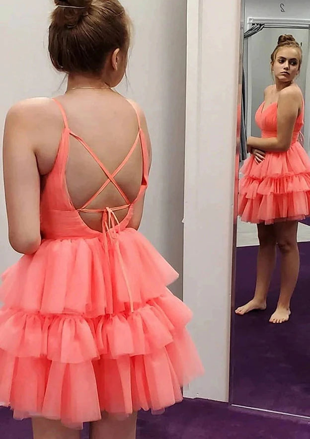Vibrant Tulle A-Line V-Neck Spaghetti Straps Criss-Cross Back Short Homecoming Dresses