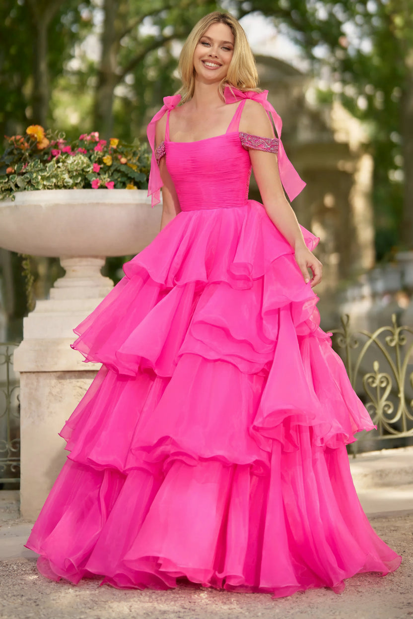 Vibrant Tulle Ball Gown Square Neck Off-Shoulder Bow Straps Floor-Length Evening Dresses