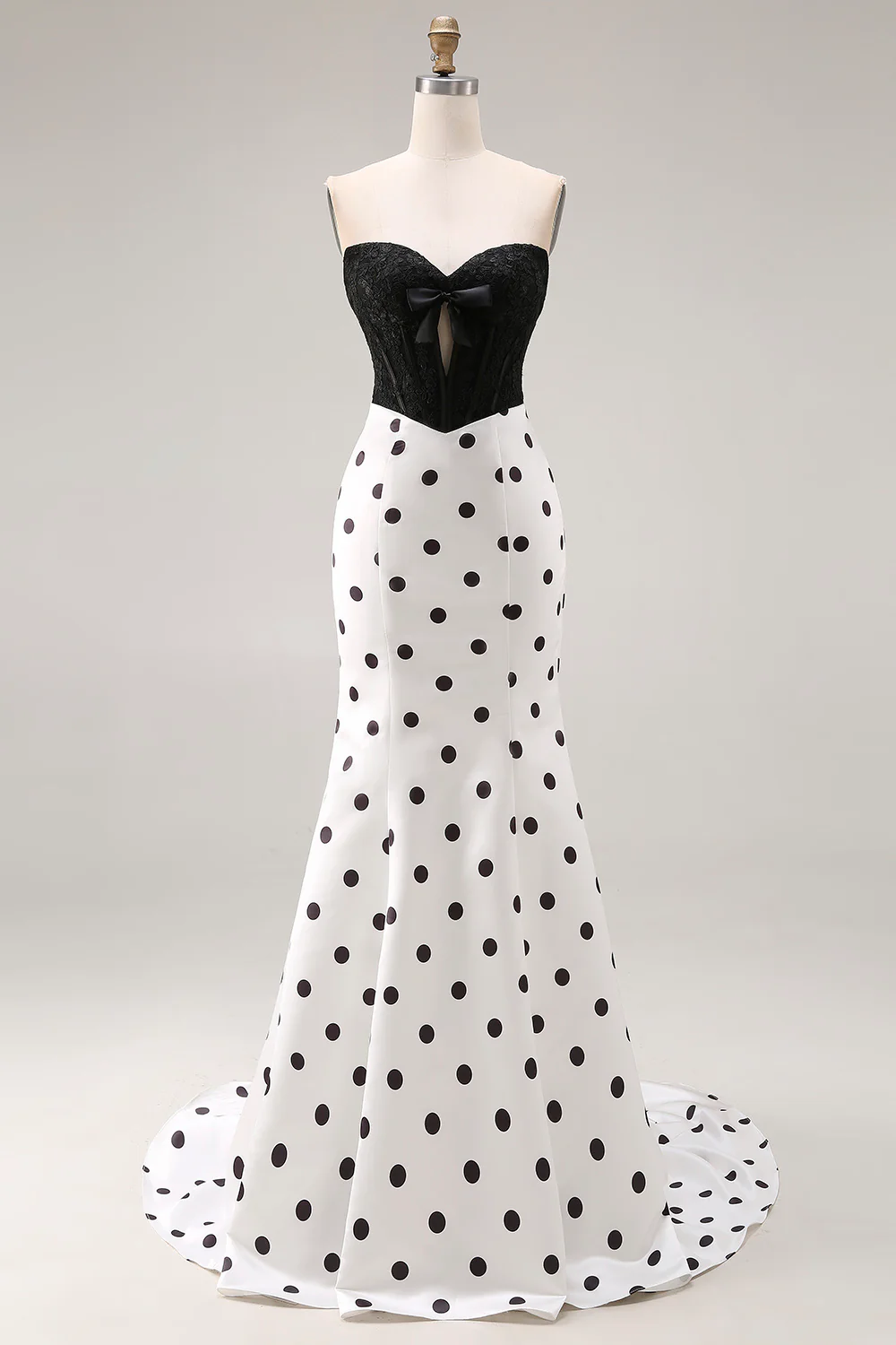 Vintage Polka Dot Mermaid Evening Dress with Strapless Lace Corset Bodice and Bow Accent for Formal Events