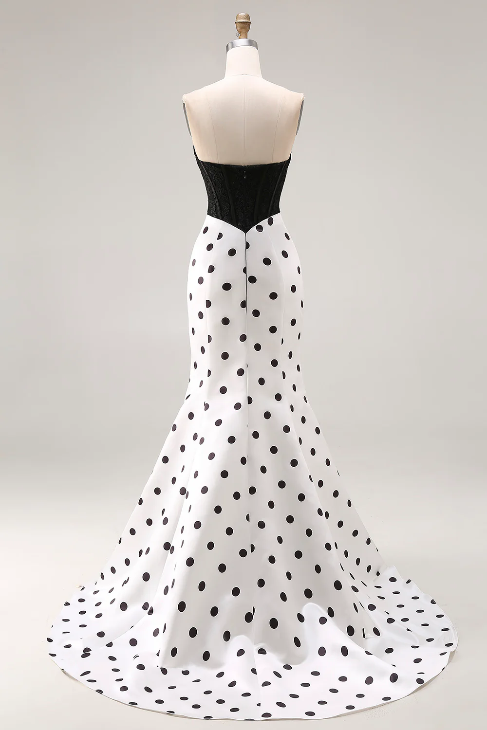 Vintage Polka Dot Mermaid Evening Dress with Strapless Lace Corset Bodice and Bow Accent for Formal Events