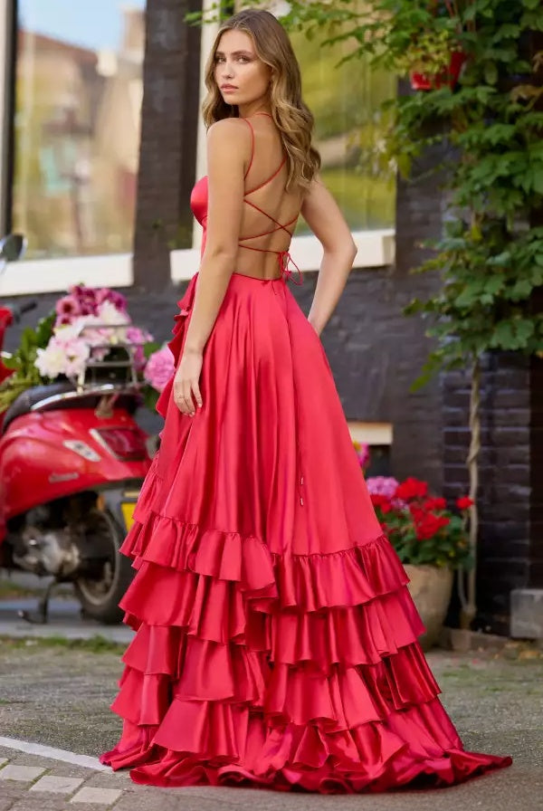 Voluminous A-line spaghetti-strap lace-up back tiered ruffled floor-length evening dress