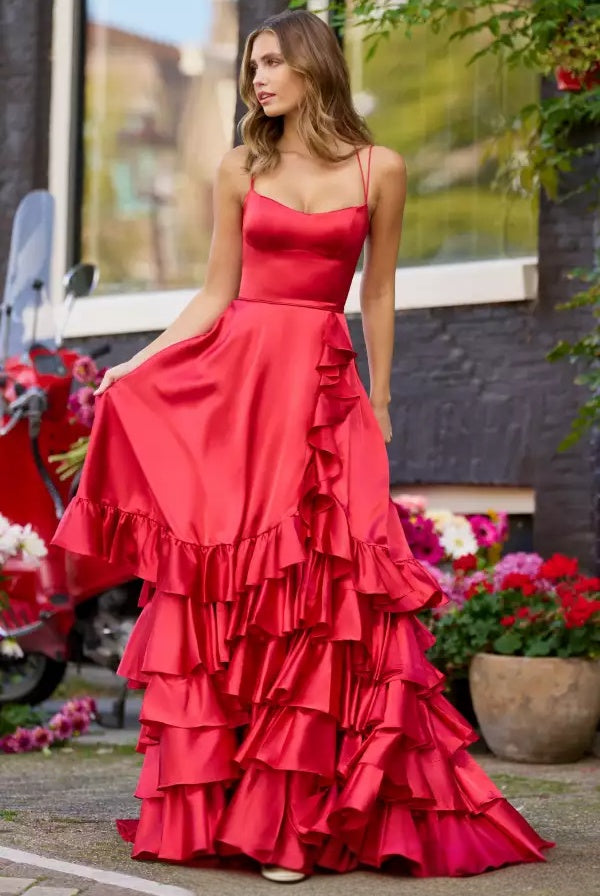 Voluminous A-line spaghetti-strap lace-up back tiered ruffled floor-length evening dress