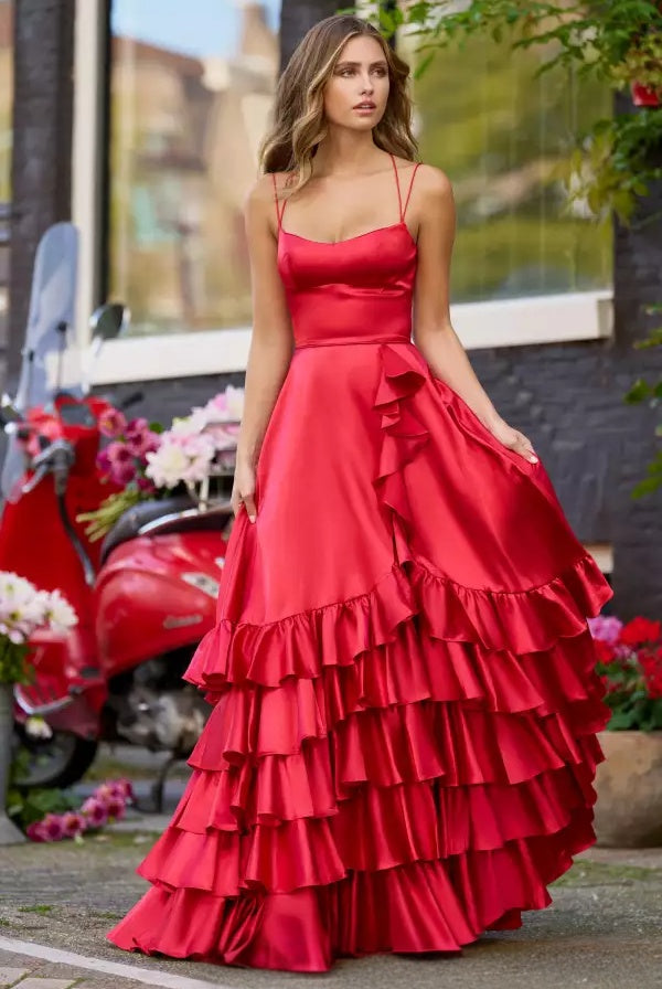 Voluminous A-line spaghetti-strap lace-up back tiered ruffled floor-length evening dress