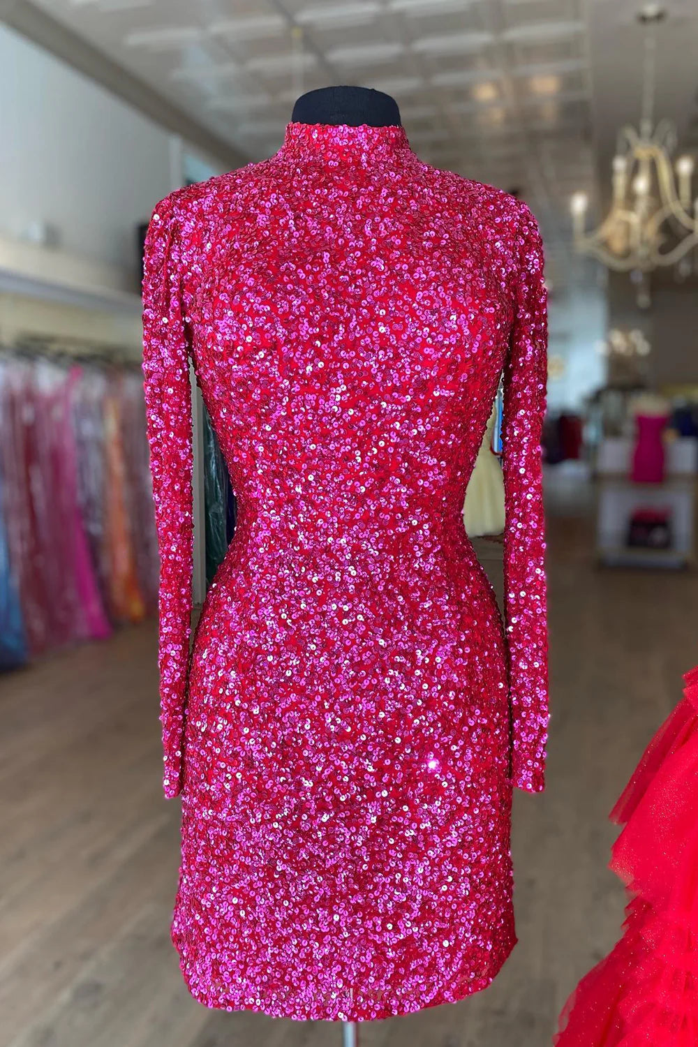 Fuchsia Bodycon Long Sleeve Homecoming Dress With Sequins
