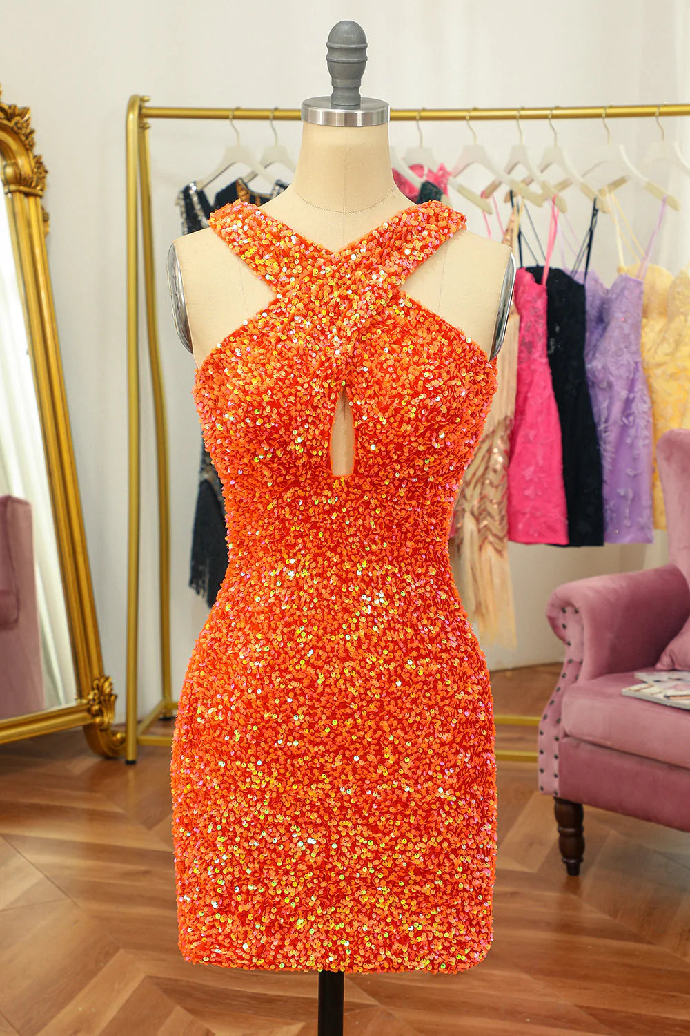 Glitter Orange Halter Backless Sequins Tight Full Of Charm Homecoing Dress