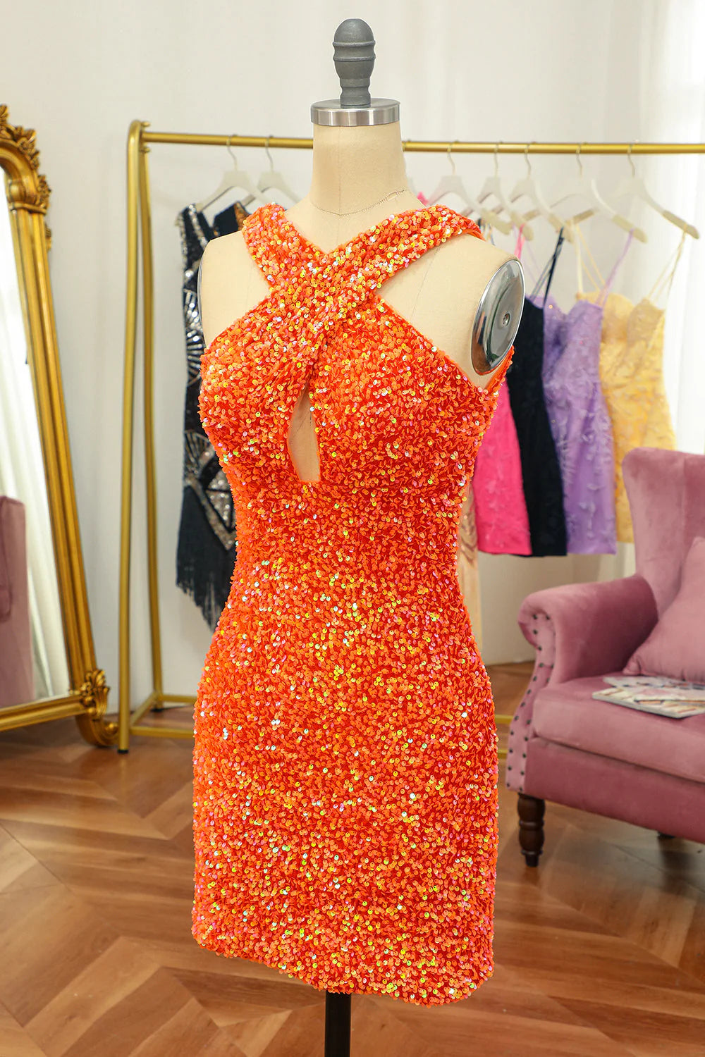 Glitter Orange Halter Backless Sequins Tight Full Of Charm Homecoing Dress