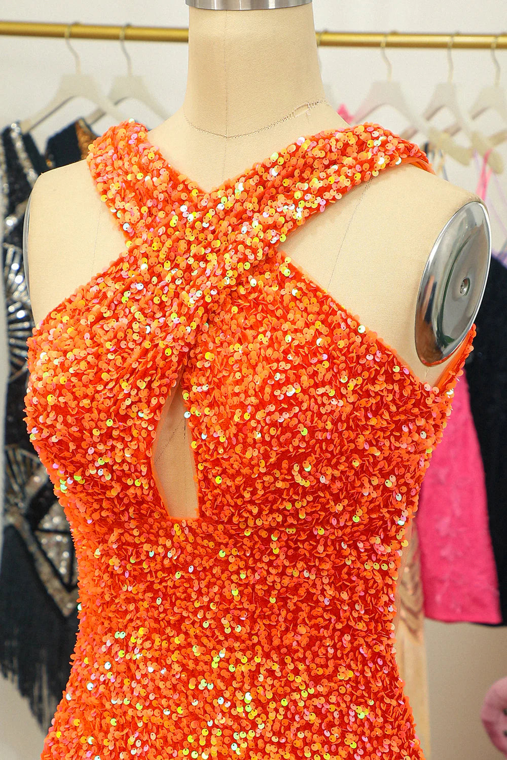 Glitter Orange Halter Backless Sequins Tight Full Of Charm Homecoing Dress