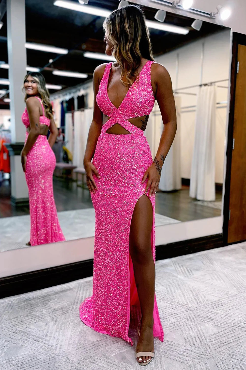 Sheath Deep V Neck Hot Pink Sequins Long Full Of Charm Prom Dress