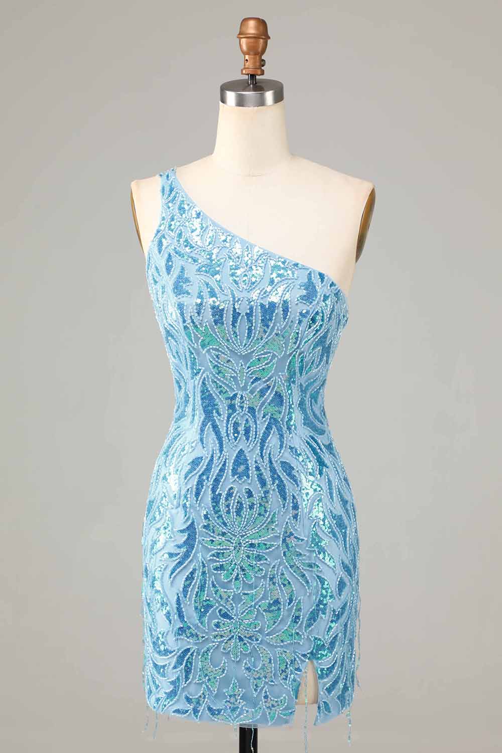 Sheath One Shoulder Blue Sequins Short Full Of Charm Homecoing Dress