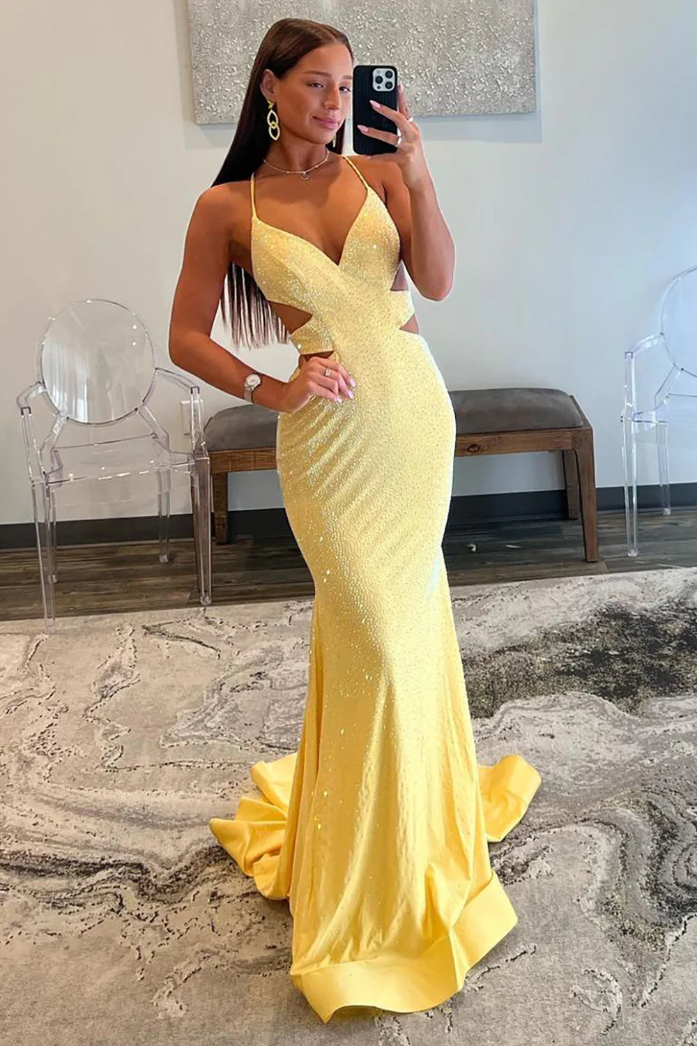 Yellow Mermaid Cutout Waist Lace Up Corset Long Beaded Prom Dress
