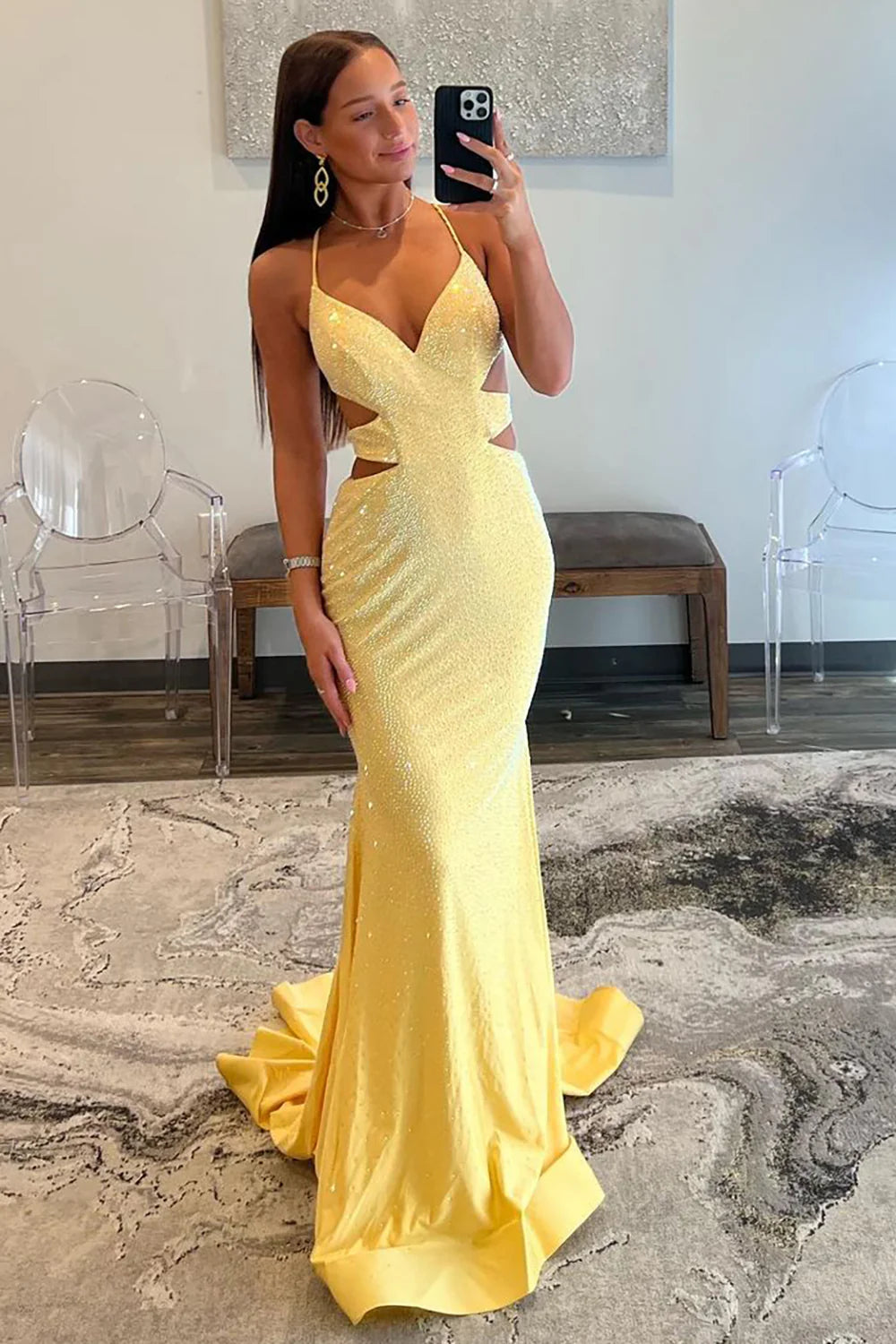 Yellow Mermaid Cutout Waist Lace Up Corset Long Beaded Prom Dress
