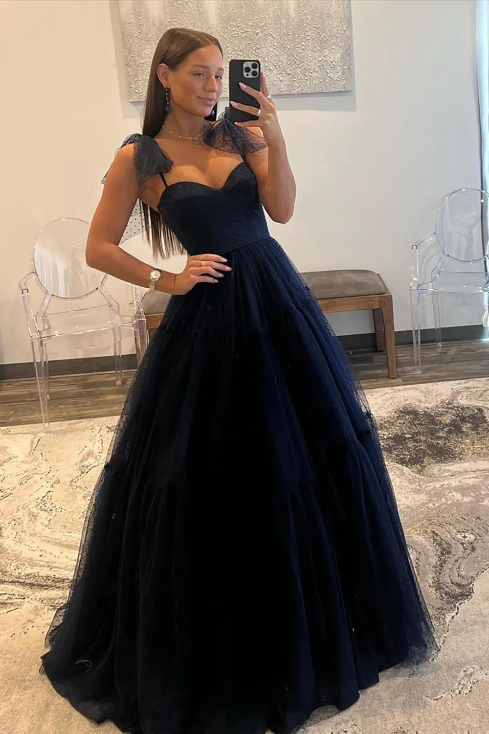 Dark Navy A-Line Tie Straps Zipper Back Long Tulle Prom Dress