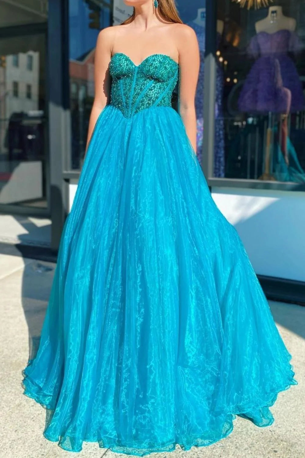 Princess A Line Sweetheart Blue Corset Full Of Charm Prom Dress