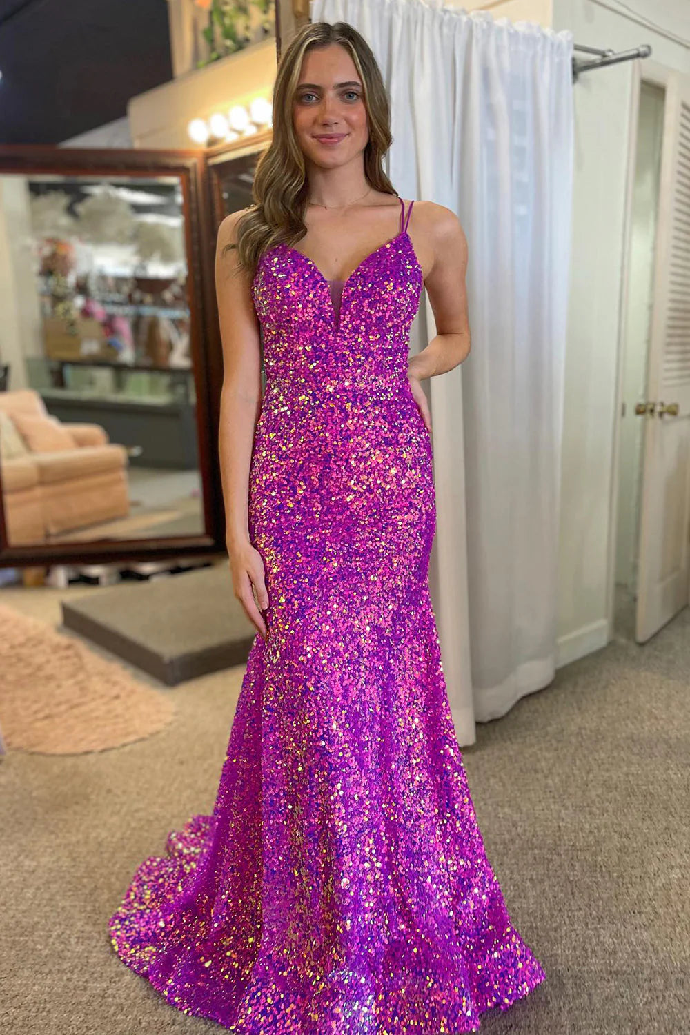 Sparkly Mermaid Purple Double Strapls Long Sequin Full Of Charm Evening Dresses