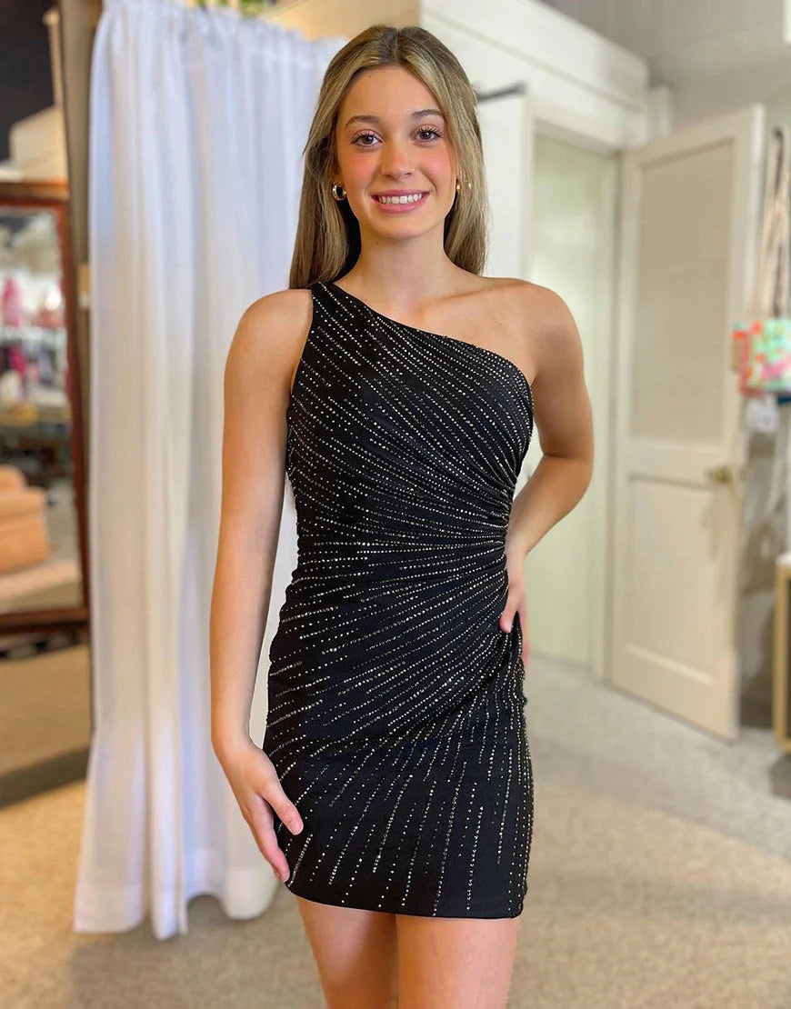 Black Sparkly One Shoulder Tight Unique Design Homecoming Dress