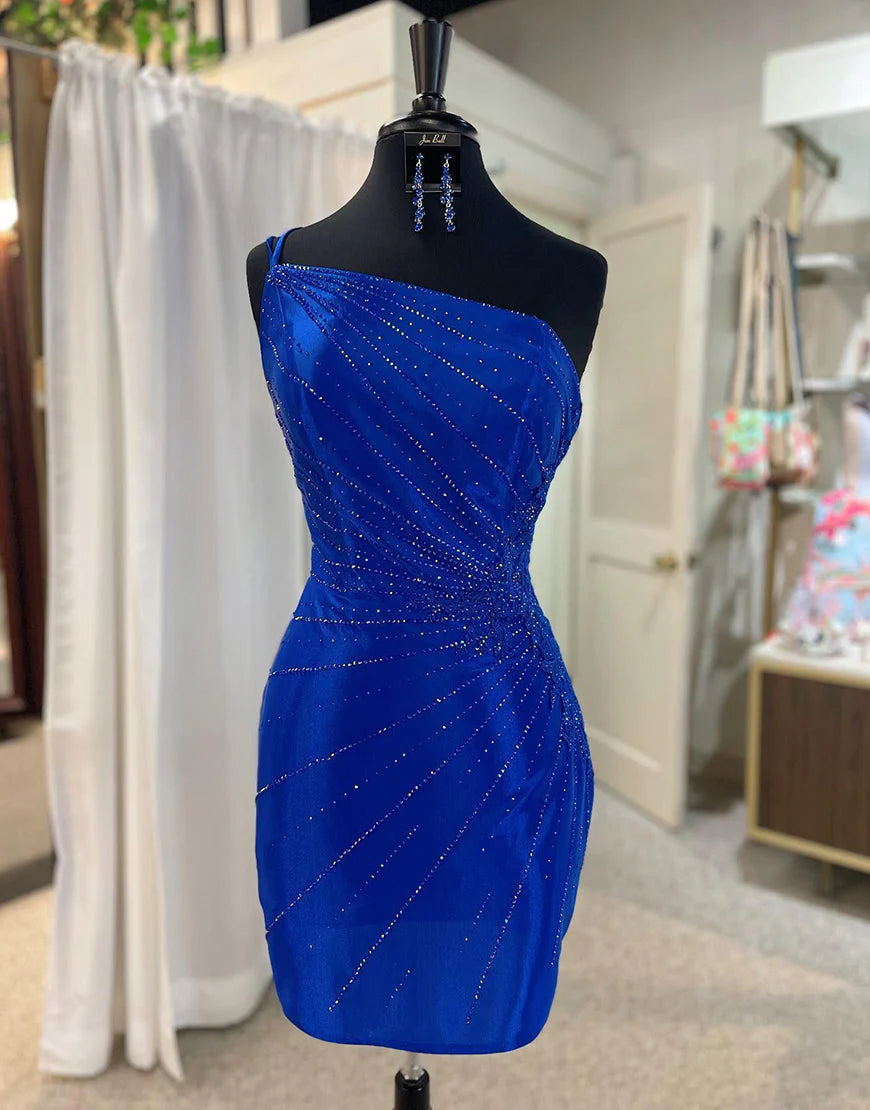 Royal Blue One Shoulder Tight Glitter Unique Design Homecoming Dress