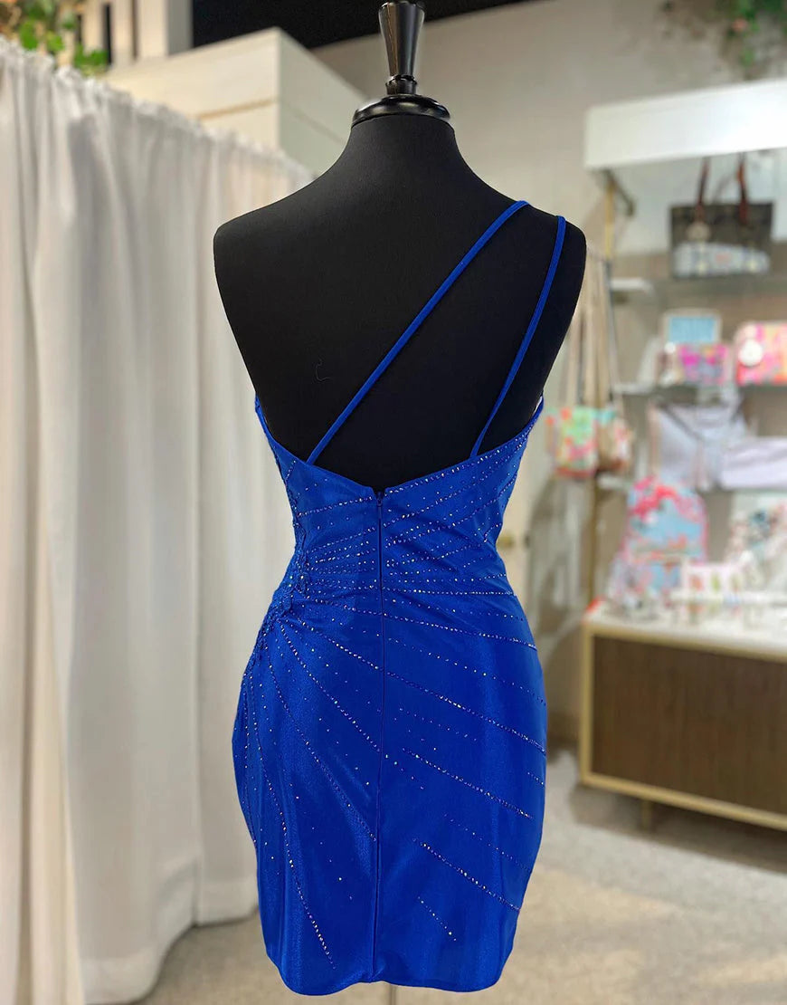 Royal Blue One Shoulder Tight Glitter Unique Design Homecoming Dress