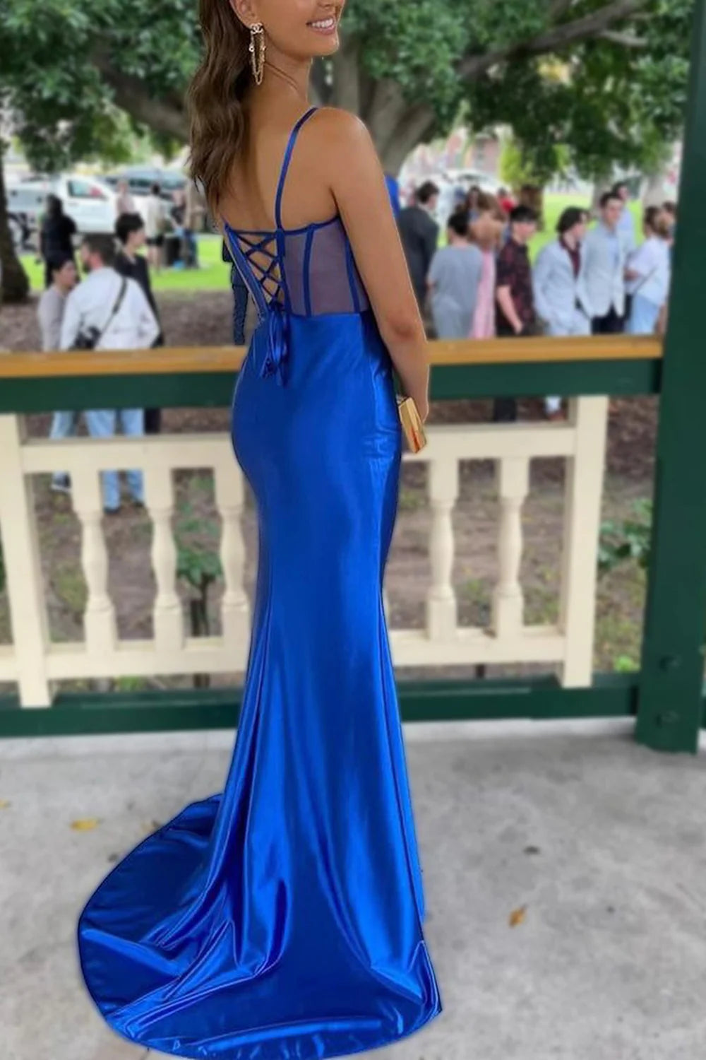 Royal Blue Mermaid Lace Up Long Satin Unique Design Prom Dress