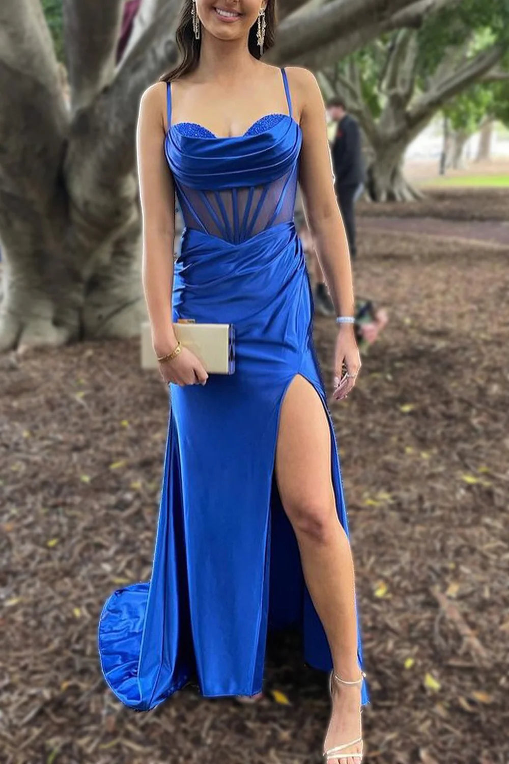 Royal Blue Mermaid Lace Up Long Satin Unique Design Prom Dress