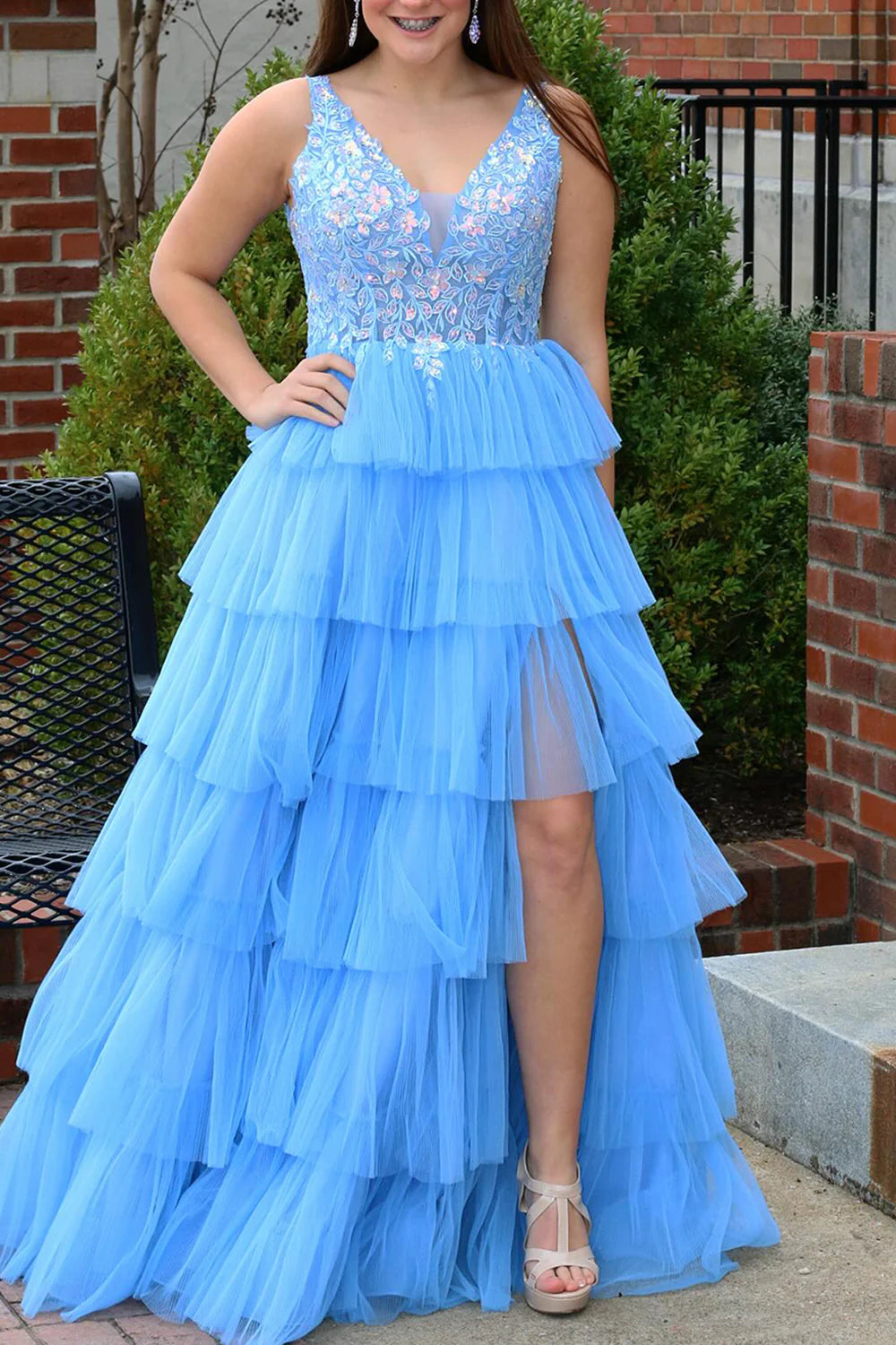 Blue A Line V-Neck Long Tiered Full Of Charm Prom Dress