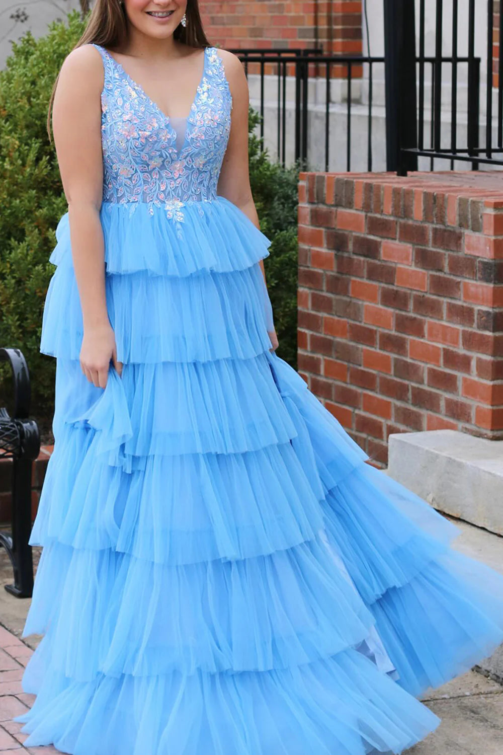 Blue A Line V-Neck Long Tiered Full Of Charm Prom Dress