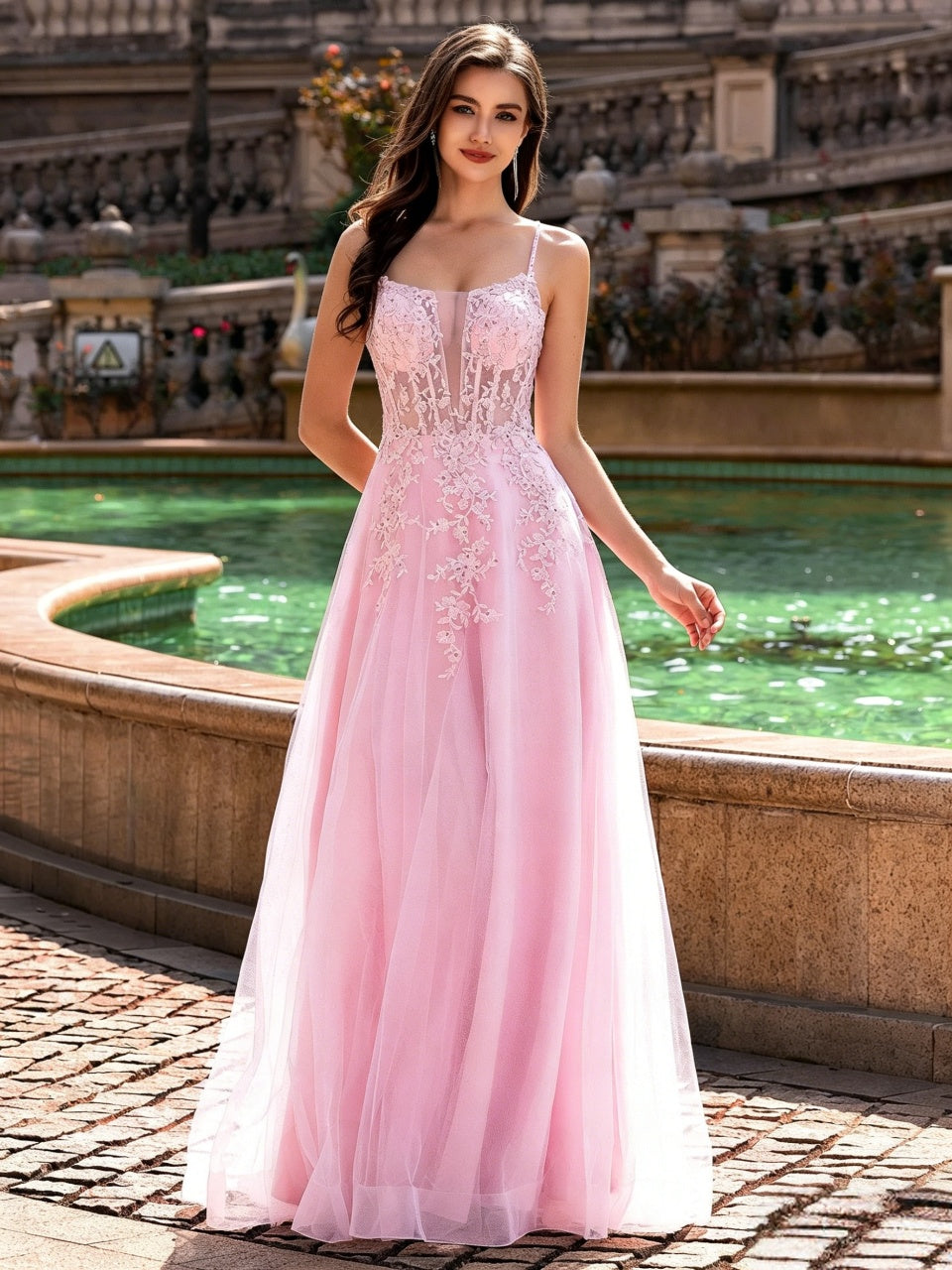 Whimsical Lace-Appliqued Tulle A-Line Plunge-Neck Floor Length Evening Dress