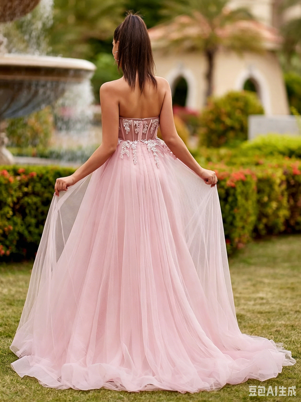 Whimsical Lace-Appliqued Tulle Strapless Corset Floor Length Evening Dress