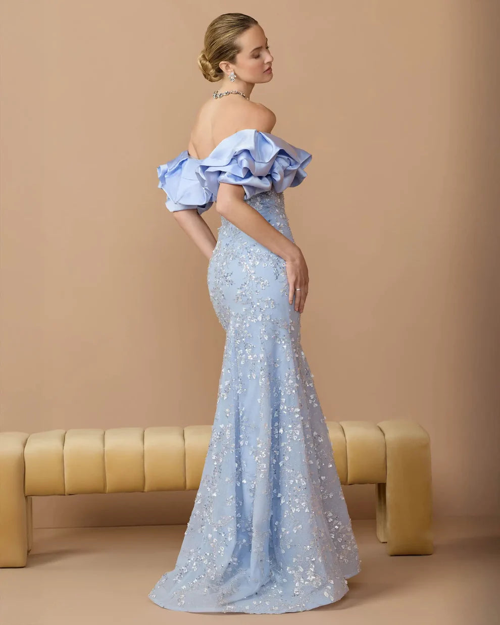 Whimsical Mermaid Off-the-Shoulder Ruffled Sequin-Embellished Floor Length Evening Dress