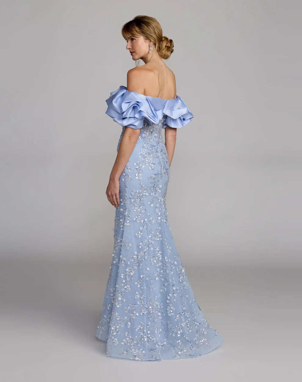 Whimsical Mermaid Off-the-Shoulder Ruffled Sequin-Embellished Floor Length Evening Dress