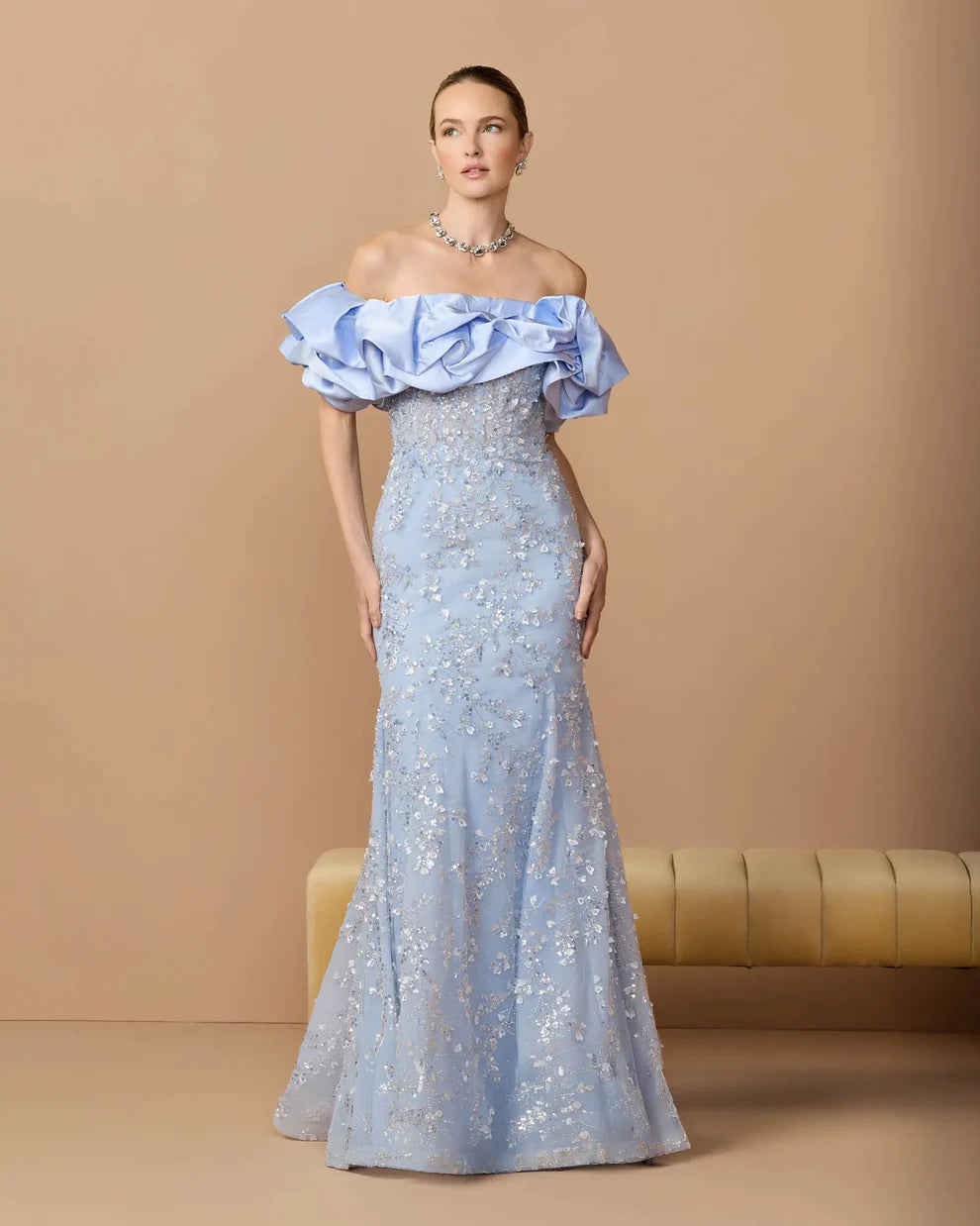 Whimsical Mermaid Off-the-Shoulder Ruffled Sequin-Embellished Floor Length Evening Dress
