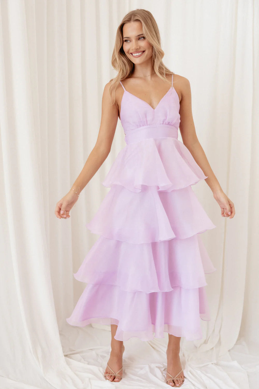 Whimsical Organza A Line V Neck Spaghetti Straps Open Back Tiered Ruffle Midi Evening Dress