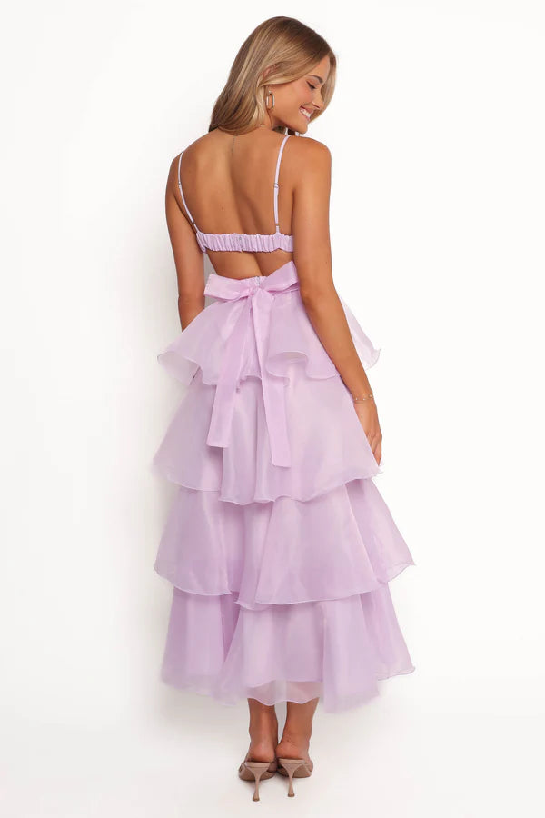 Whimsical Organza A Line V Neck Spaghetti Straps Open Back Tiered Ruffle Midi Evening Dress
