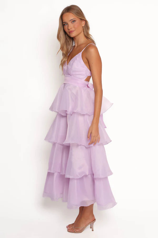 Whimsical Organza A Line V Neck Spaghetti Straps Open Back Tiered Ruffle Midi Evening Dress