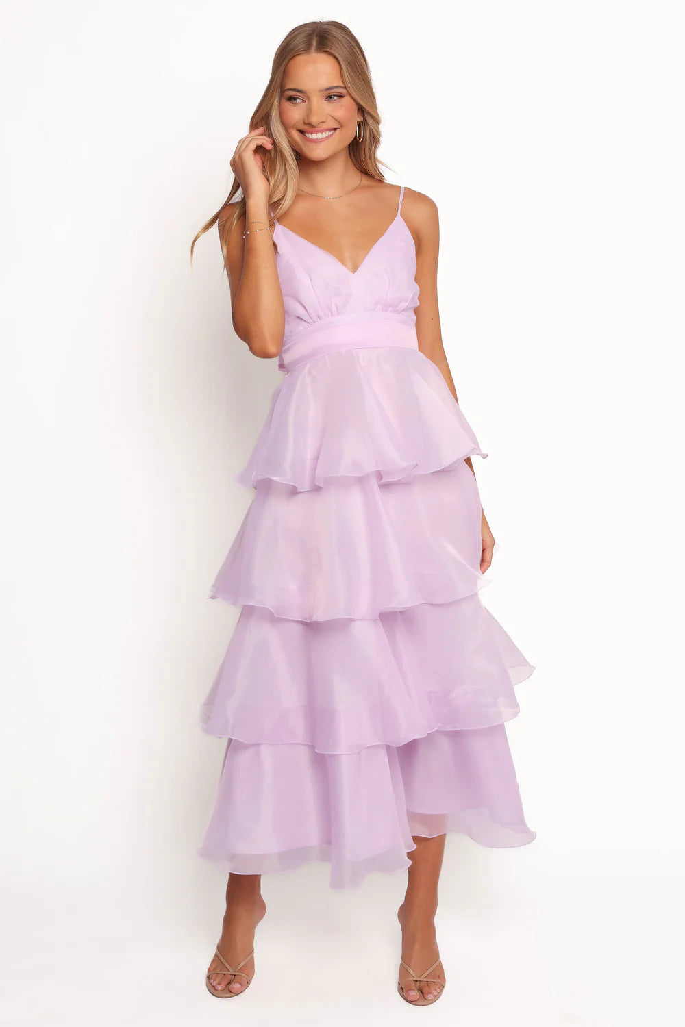 Whimsical Organza A Line V Neck Spaghetti Straps Open Back Tiered Ruffle Midi Evening Dress