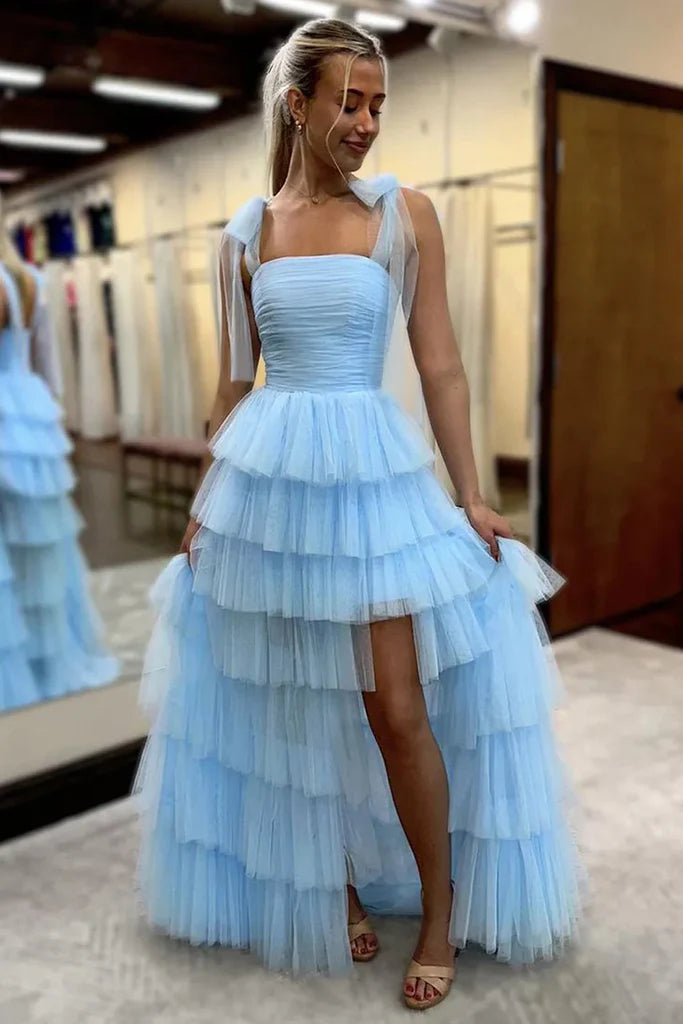 Whimsical Square Neck Bow-Strap Lace-Up Tiered Tulle Floor-Length Prom Dress