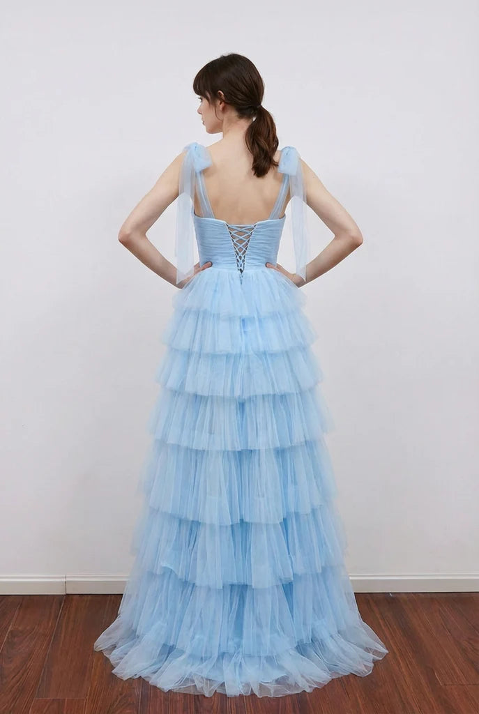 Whimsical Square Neck Bow-Strap Lace-Up Tiered Tulle Floor-Length Prom Dress