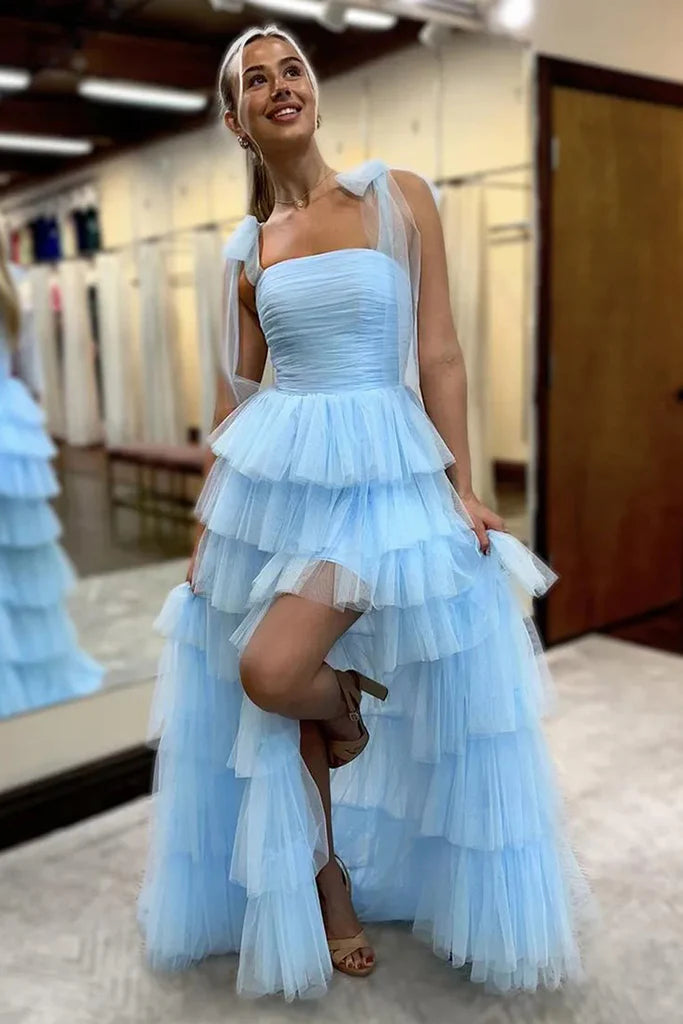 Whimsical Square Neck Bow-Strap Lace-Up Tiered Tulle Floor-Length Prom Dress