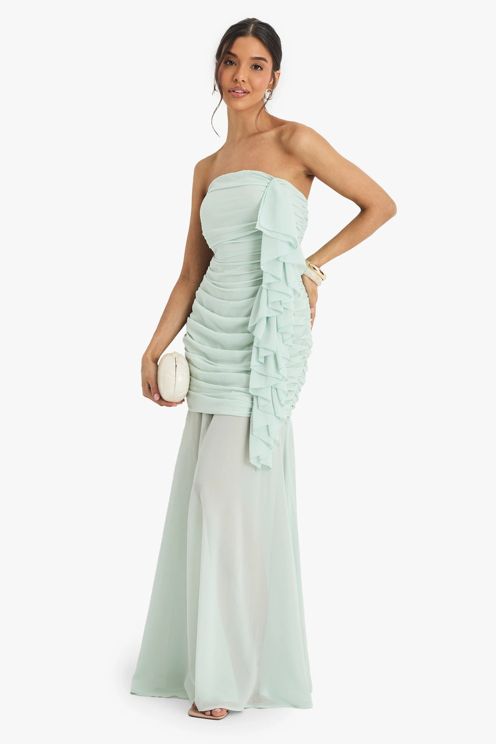 Whimsical Strapless Ruched Ruffle-Trim Two-Piece Floor-Length Evening Dresses