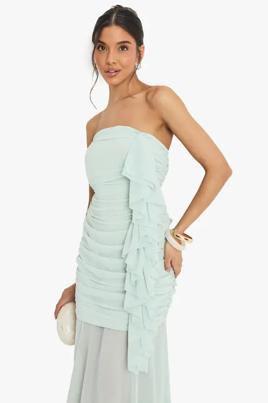 Whimsical Strapless Ruched Ruffle-Trim Two-Piece Floor-Length Evening Dresses