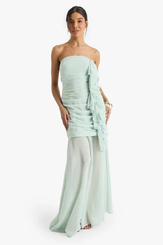 Whimsical Strapless Ruched Ruffle-Trim Two-Piece Floor-Length Evening Dresses