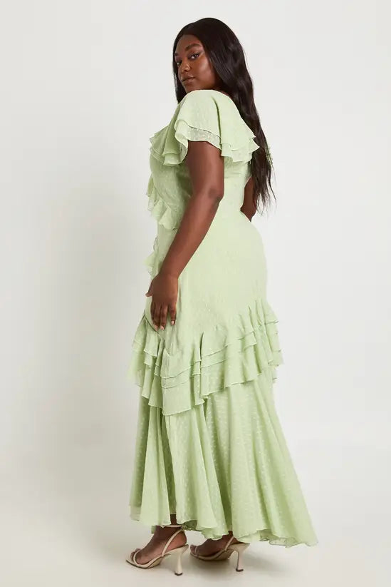 Whimsical Swiss Dot Ruffled V-Neck Short Sleeve Tiered Maxi Evening Dresses