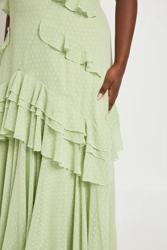 Whimsical Swiss Dot Ruffled V-Neck Short Sleeve Tiered Maxi Evening Dresses