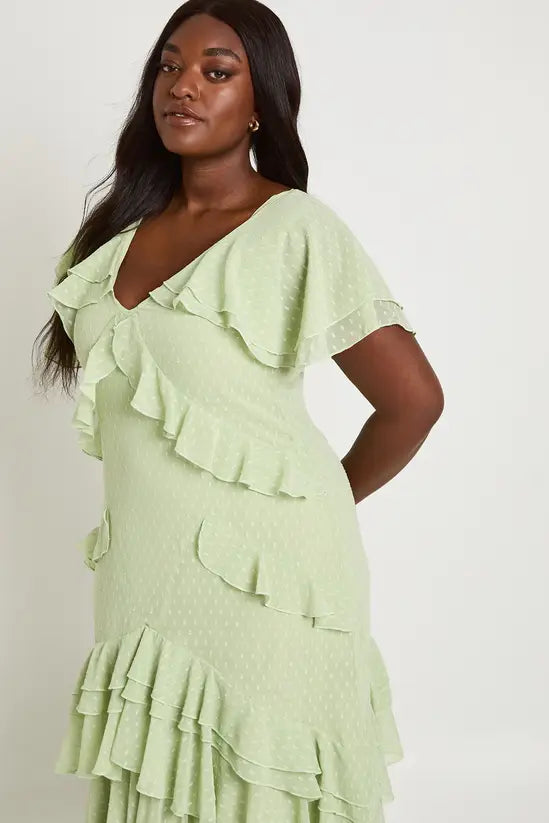 Whimsical Swiss Dot Ruffled V-Neck Short Sleeve Tiered Maxi Evening Dresses