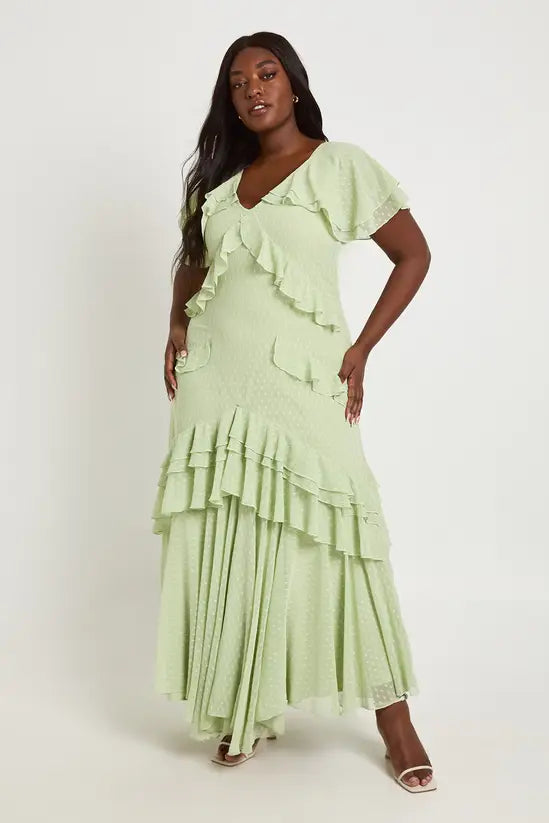 Whimsical Swiss Dot Ruffled V-Neck Short Sleeve Tiered Maxi Evening Dresses