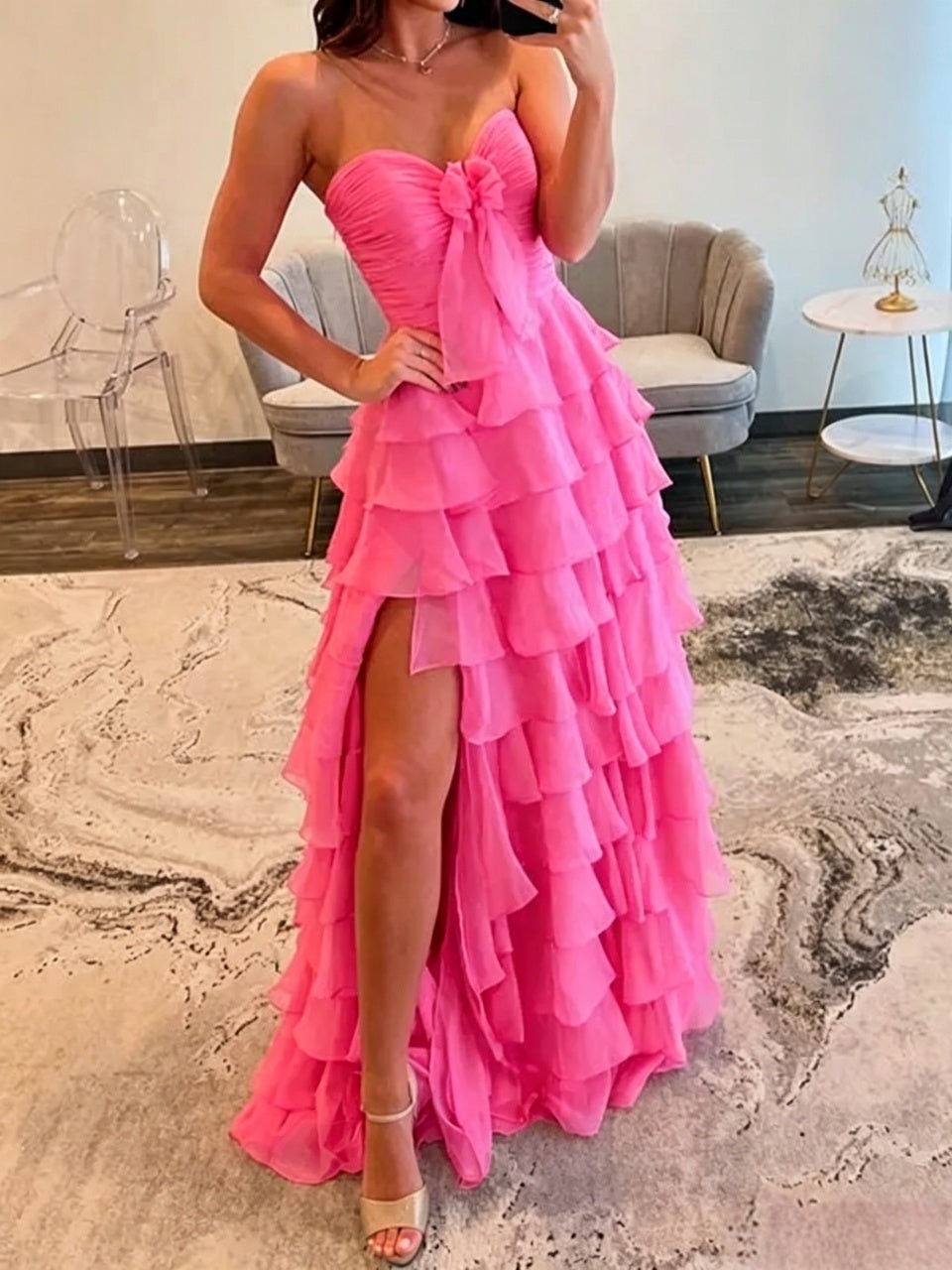 Whimsical Tiered Chiffon Strapless Sweetheart-Neck Floor Length Evening Dress