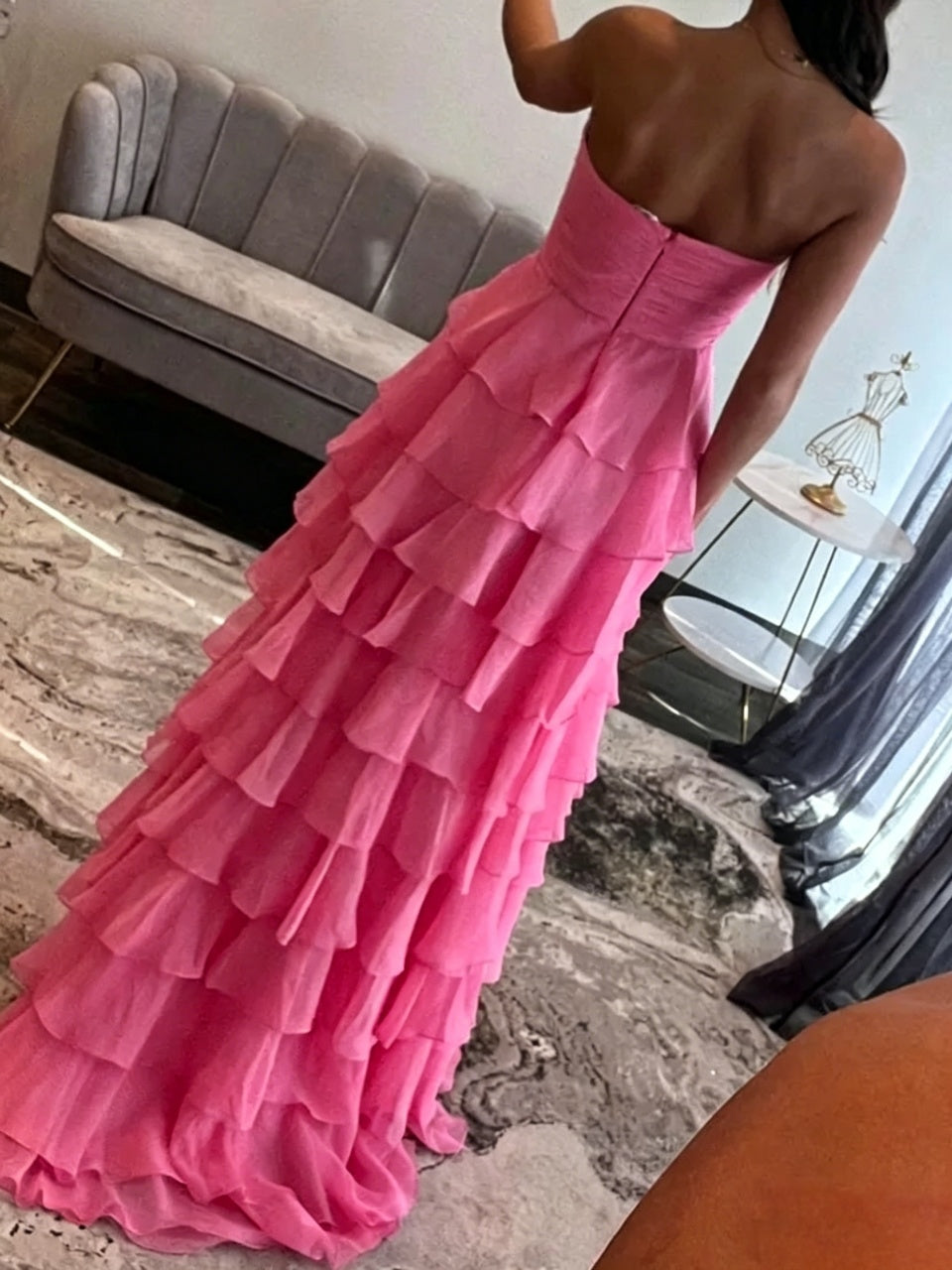 Whimsical Tiered Chiffon Strapless Sweetheart-Neck Floor Length Evening Dress