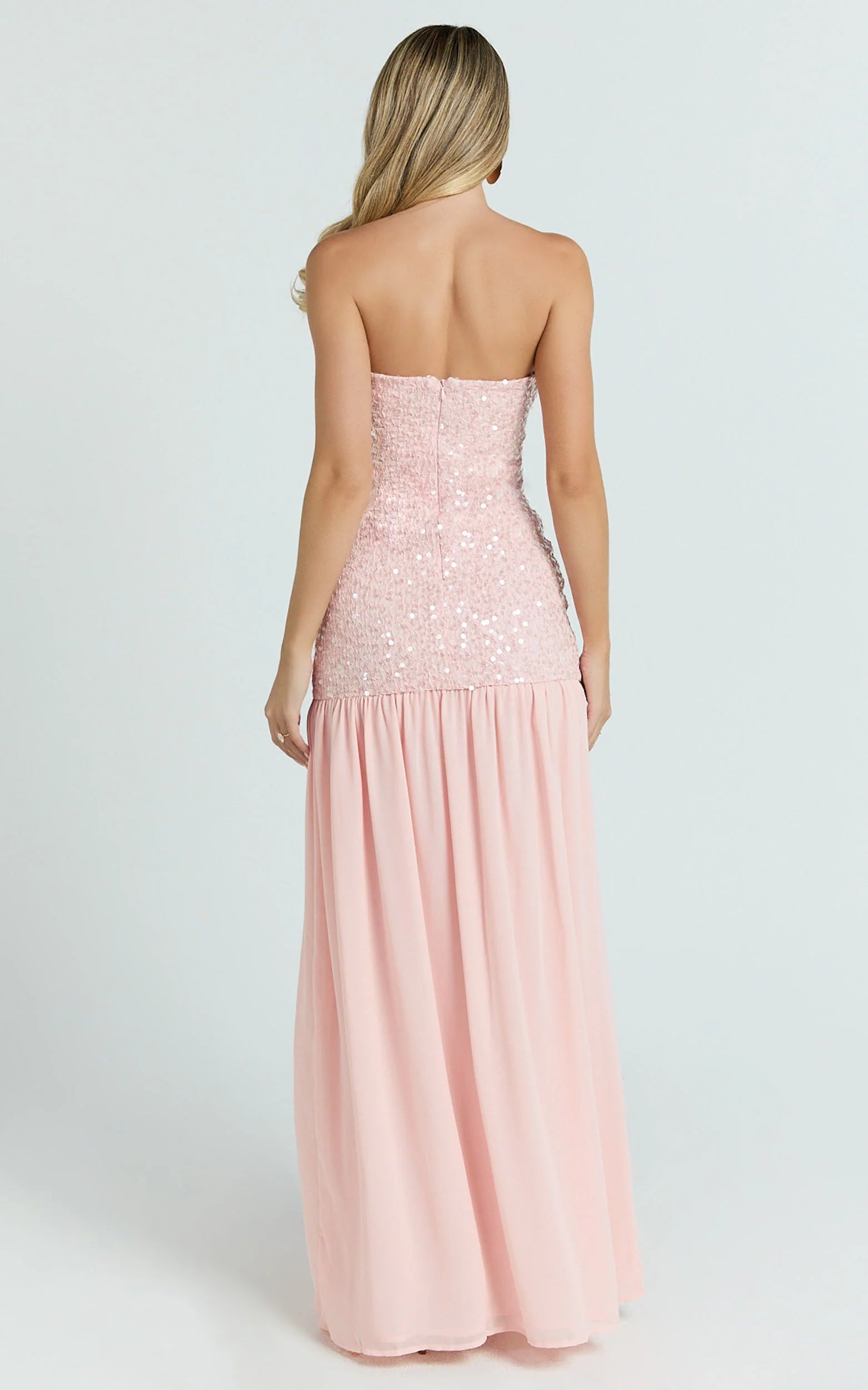 Whimsical Two-Tier Strapless Sequin-Bodice Chiffon-Skirt Slit Pink Evening Dress