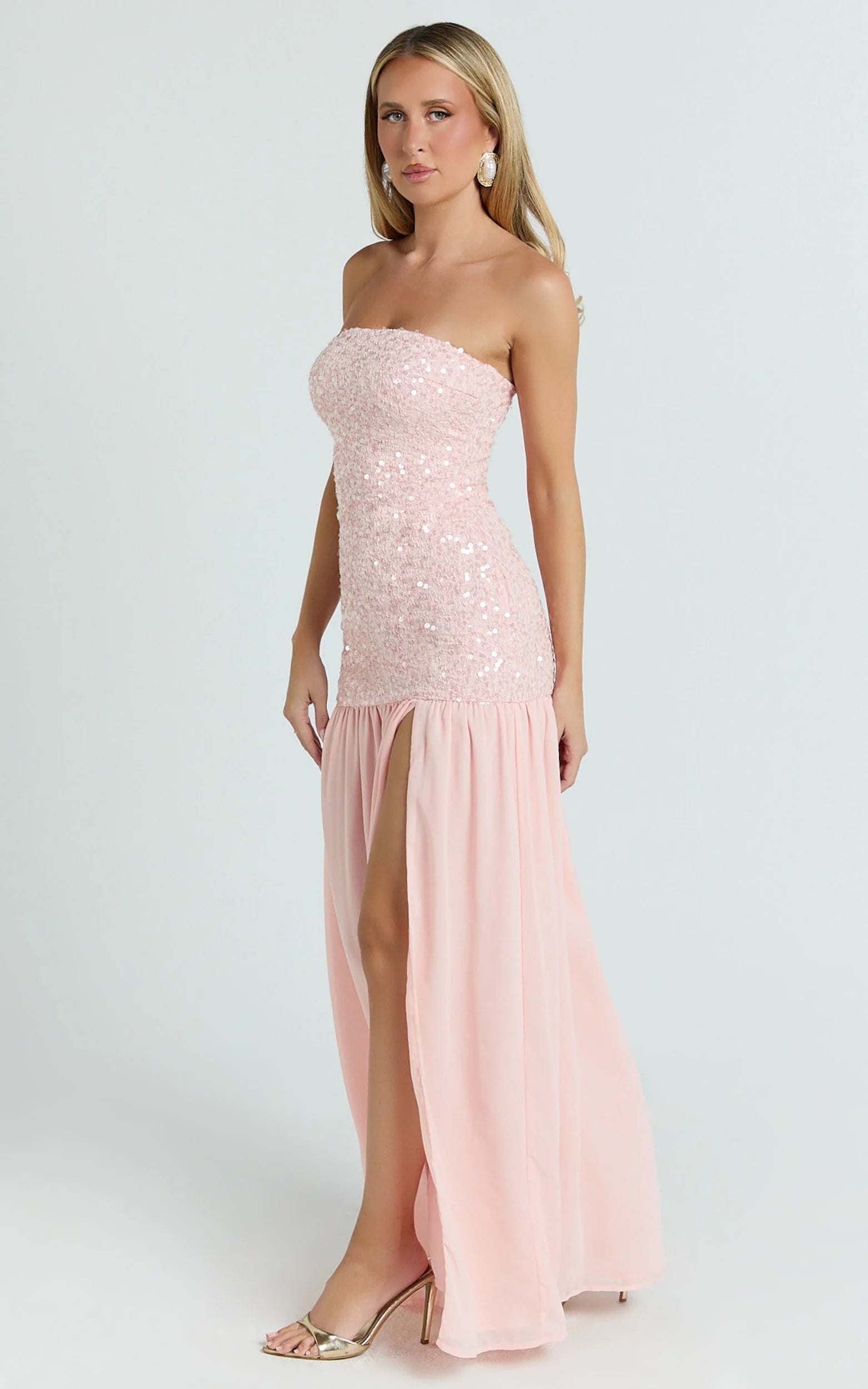 Whimsical Two-Tier Strapless Sequin-Bodice Chiffon-Skirt Slit Pink Evening Dress