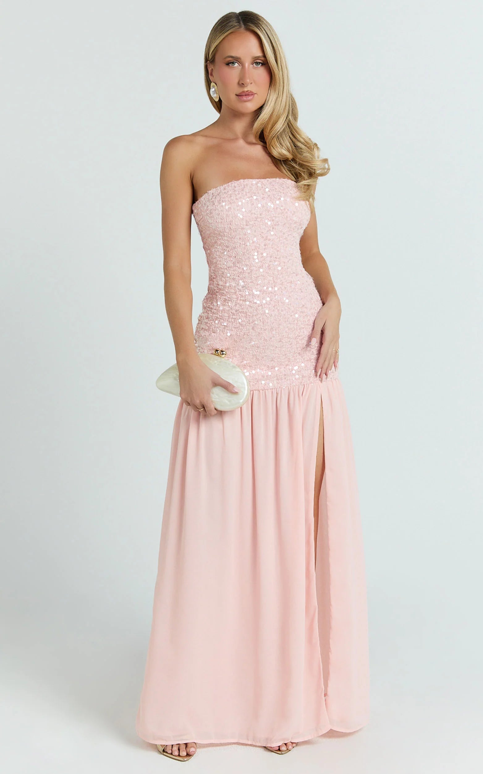 Whimsical Two-Tier Strapless Sequin-Bodice Chiffon-Skirt Slit Pink Evening Dress